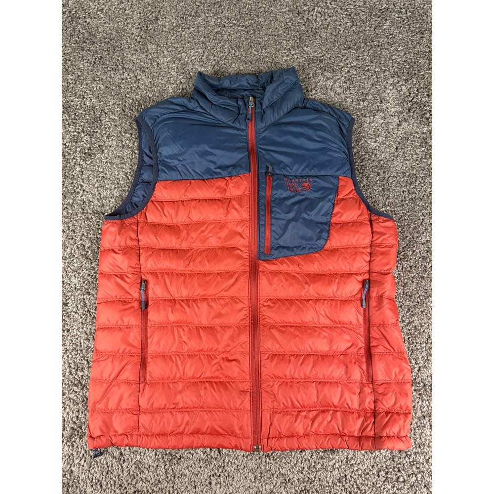 Mountain Hardwear Mens Q.Shield 650 Down Puffer Vest Orange Navy Blue Large